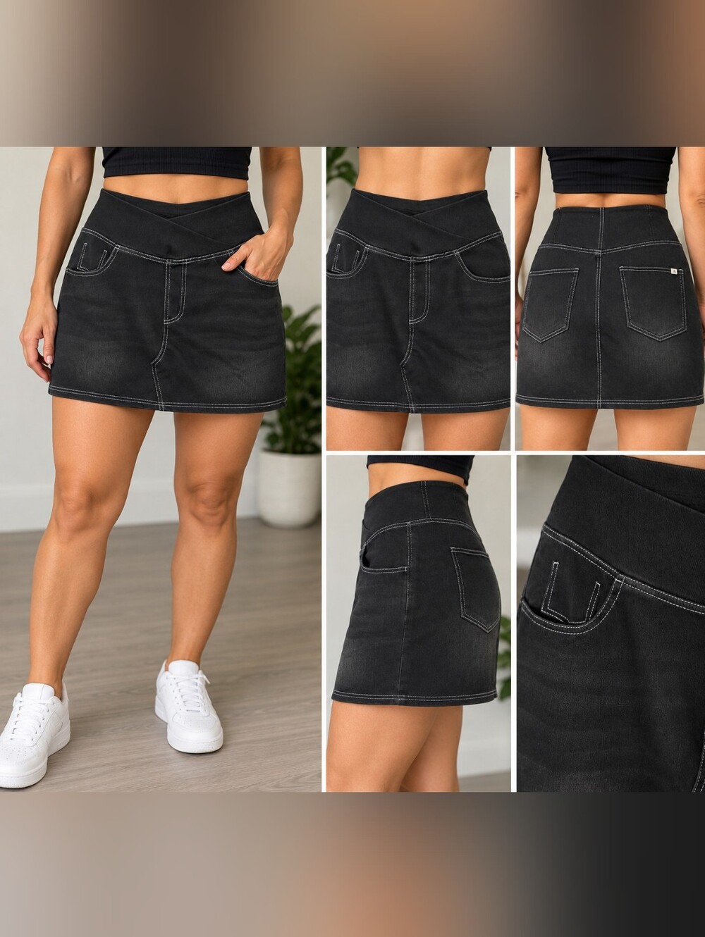 Halara Flex™ Denim Crossover Waist Mini Skirt Black NWT